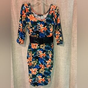 Floral Scoop Neck Sheath Dress with Belt - Orange & Blue